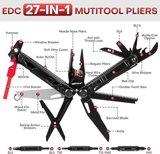 WETOLS Multitool with Pocket Knife, 27-in-1 Stainless Steel Needle Nose Pliers with Screwdrivers, Self-locking Multi tool EDC Gear with Sheath, Ideal for Survival, Outdoor, Camping