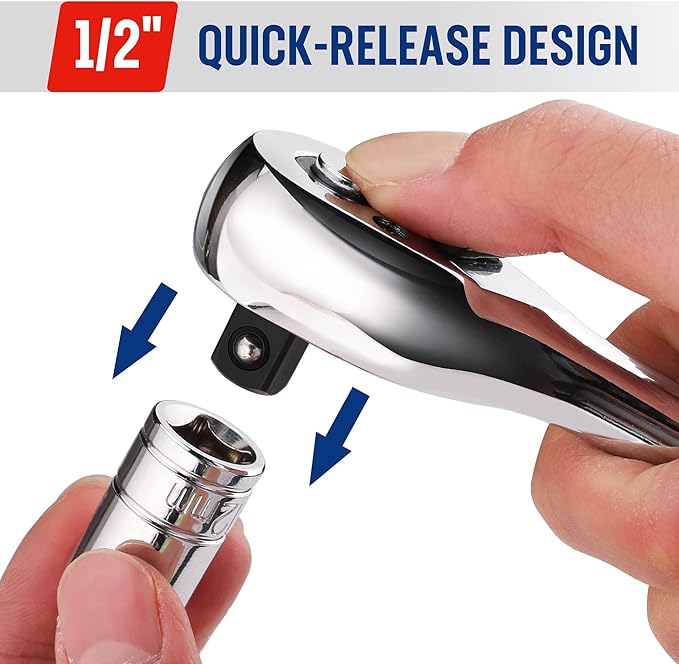 WORKPRO 1/2-Inch Drive Ratchet Wrench, 72-Tooth Reversible Ratchet, Quick-Release 1/2 Drive Ratchet Handle, CR-MO Head, Chrome Plated Finish