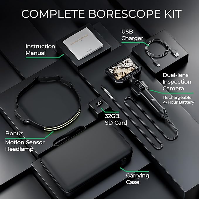Two-Way Articulating Borescope 360째, Dual Lens Inspection Camera with Light, 6mm Lens Snake Camera for Mechanic Inspections, and Plumbing, .24in Borescope Automotive, Industrial Endoscope, 5ft