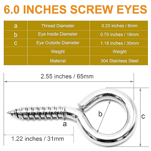 M6 10 Pcs 304 Stainless Steel Screws Eye,2.56 Inch Screw Self Tapping Eye,Load Bearing 200LB, Duty Eye Bolt for Wood Securing Cables Wire,Indoor & Outdoor Use (10, M6 2.56 Inch)