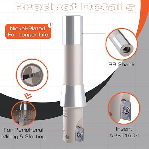 Indexable End Mill Nickel Plated 1" Cutting Diameter x 5-27/32" Oal 90 Degree, R8 Shank, Includes 2 APKT1604 Carbide Inserts