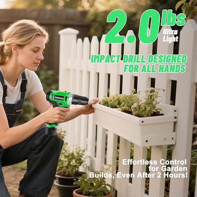 GardenJoy Cordless Power Drill Set: 12V Electric Drill with Battery and Charger, 42pcs Acessories, 3/8"Keyless Chuck, 2 Variable Speed, 24+1 Position, Compact Drill Driver Kit for Home & DIY Project
