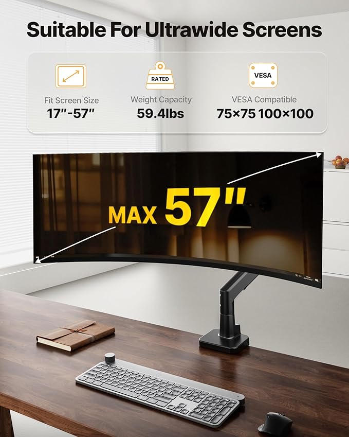 monTEK Sleek Aluminum Monitor Arm for 17??7??Ultrawide Screens up to 59.4 lbs, Heavy Duty Single Monitor Arm Desk Mount, Pneumatic Lift, Quick-Release Plate, Clamp/Grommet, Max VESA 100x100