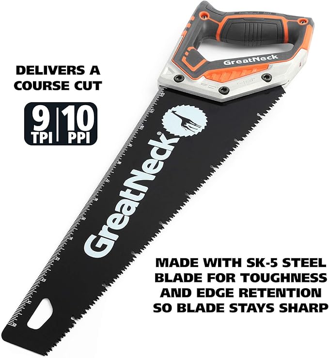GreatNeck 74003 15" Hand Saw, SK-5 Steel Blade, Tri-Bevel Teeth, Comfort Grip, Aluminum Frame – Wood Cutting Tool for Precise, Fast Cuts