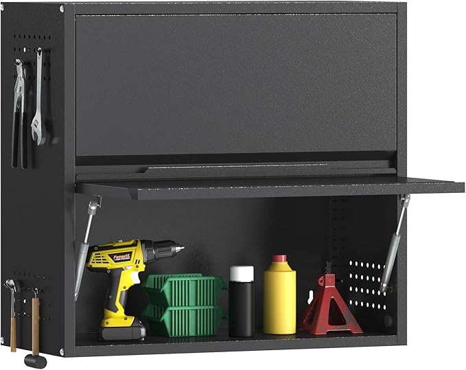 Coolsun 2 Door Metal Wall Cabinet, Garage Wall Cabinet with Up-Flip Door, 25.6" H Wall Mounted Metal Storage Cabinet for Garage,Basement,Ware House Assembly Required