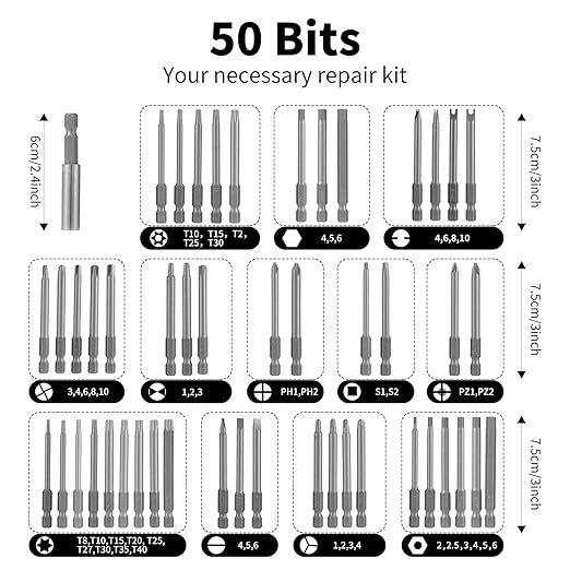 Impact Driver Bit Set 50 pcs Magnetic CRV Steel 1/4'' Hex-Shank Phillips Slotted Hex Torx Star Tamperproof Pozi Square Spanner Torque Tri-Wing Clutch Spline Bits Set with Magnetic Bit Holder