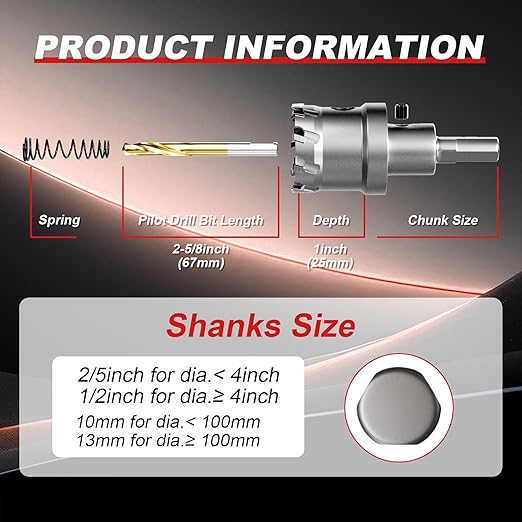 1-3/16" (30mm) TCT Carbide Hole Saw Kit for Metal - Heavy Duty Hole Cutter Drill Bits Set with 2 Titanium/Step Pilot Drill Bits & L-Wrench, Cuts Stainless Steel, Iron, Aluminum, Wood, Plastic