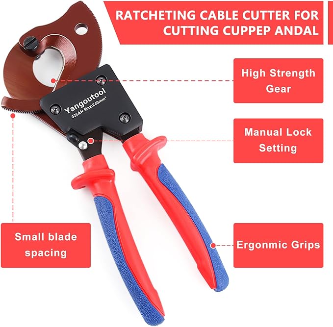 Yangoutool Ratchet Cable Cutter Heavy Duty for Copper and Aluminum Cables, 240mm짼 Capacity, Sharp Polished Edges, Ideal for Cutting Large Armored Electrical Wires, Perfect for Electricians