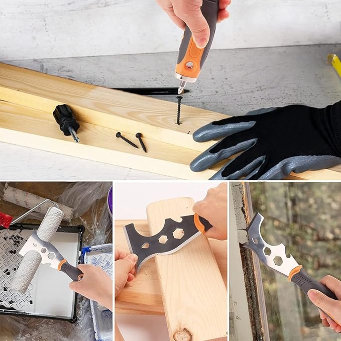 Putty Knife Set Paint Scraper 16-in-1 Multifunctional Tool Kit Soft Grip Handle for Scraping Taping Hammer Nut Wrench Screw Bits