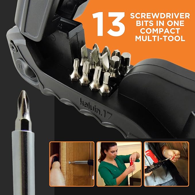 Kelvin Tools Kelvin 17 | The Palm-Sized Everyday Multi-Tool Set | 17 Integrated Tools: 13 Bit Screwdriver Set, Tape Measure, Liquid Level, Hammer, and Flashlight (Orange)