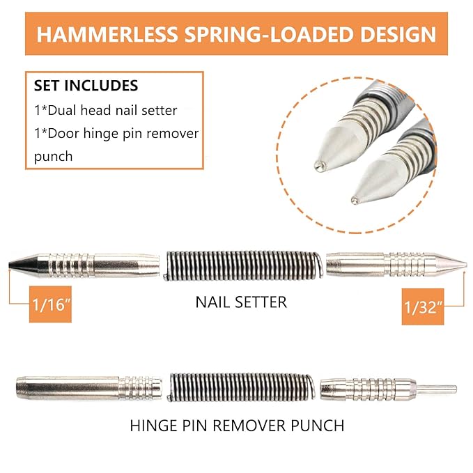 2-Piece Dual Head Nail Setter and Hinge Pin Punch Set, Hammerless 1/32?? 1/16?쿞pring Nail Set, 5000 PSI Striking Force Door Pin Removal Tool