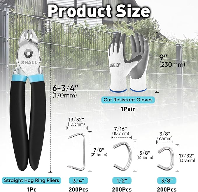 SHALL Hog Ring Pliers Kit with 600pcs Galvanized Hog Rings (3/8?쇺? 1/2?쇺? 3/4?쇺? for Upholstery, Fence, Animal Pet Cages, Bungee Cords, Bagging, Protective Gloves, Storage Case & Bag Included