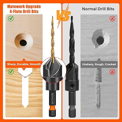 Countersink Drill Bit Set, Matework 11 PCS Counter Sink Drill Bit for Wood, Upgrade 4-Flute #4, #6, #8, #10, #12, Adjustable Depth M2 Cobalt HSS Wood Drill Bit Set with 1/4" Hex Shank and Storage Box