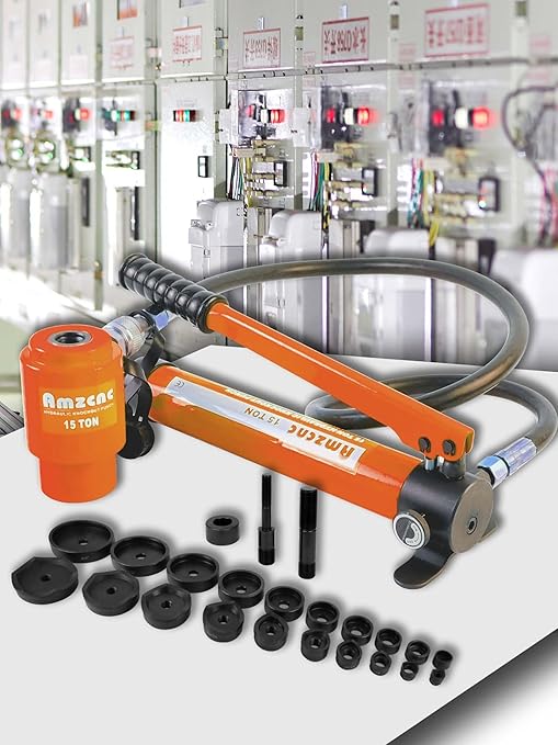 AMZCNC 15 Ton 1/2 Inch to 4 Inch Hydraulic Punch Driver Kit Manual Hole Knockout Puncher Tool w/ 10 Dies (15T(1/2"~4"))