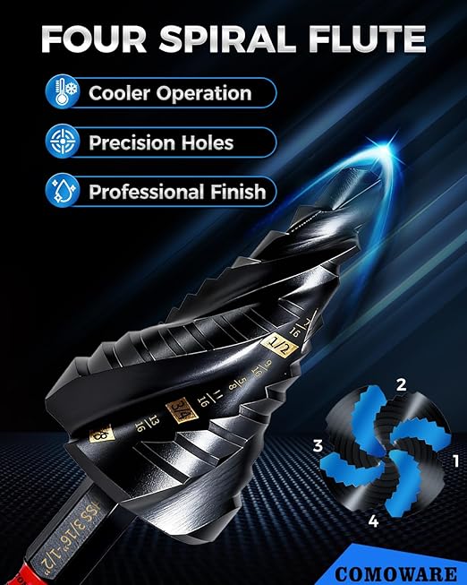COMOWARE Step Drill Bit Set, 1/8"~1-3/8" 5PCS Four Spiral Flute Step Drill Bits for Metal, AlTIN Coated Step Bit with 1/4" Hex Shank for Metal, Stainless Steel, Aluminum, Wood, Plastic