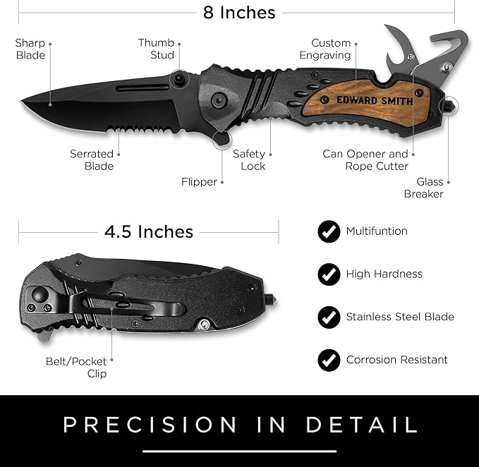 Personalized Pocket Knife, Gift for Men, Stocking Stuffers For Men Him/Dad, Custom Engraved Knife for Camping, Hunting Essentials With Belt Clip, 8 Inch Stainless Steel Blade and Wood Handle
