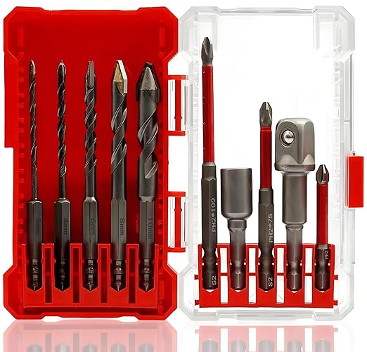 10 Piece Self Centering Drill Bit Set and Screwdriver Head Set with Hex Shank Extension Bars and Hex Shank 1/2" Socket Adapter, Woodworking Drill Bit for Wood and Hinge, Cabinet, DIY Tools Kit