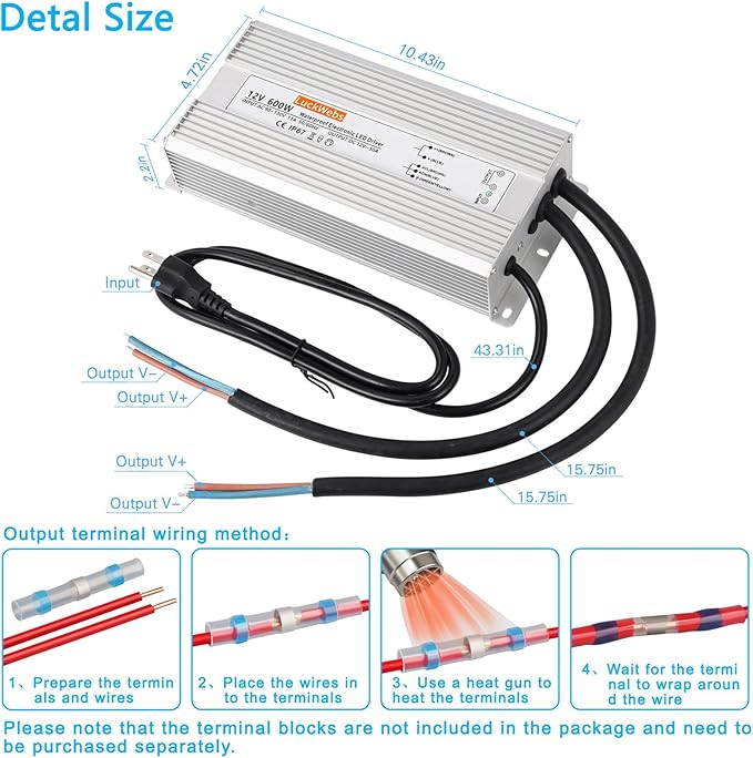 LED Driver 12V600W Waterproof Power Supply AC 90-130V to DC 12V50A Low-Voltage IP67 Switching Power Supply Outdoor LED Garden Landscape Lights LED Strip Light Spotlights Transformer