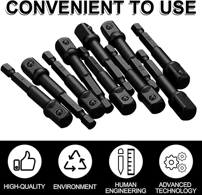 Impact Adapter Square Socket for Drills Extension Driver Bits Hex Impact Socket Adapter for Automotive DIY(3/8 Inch Square Tip,Black)
