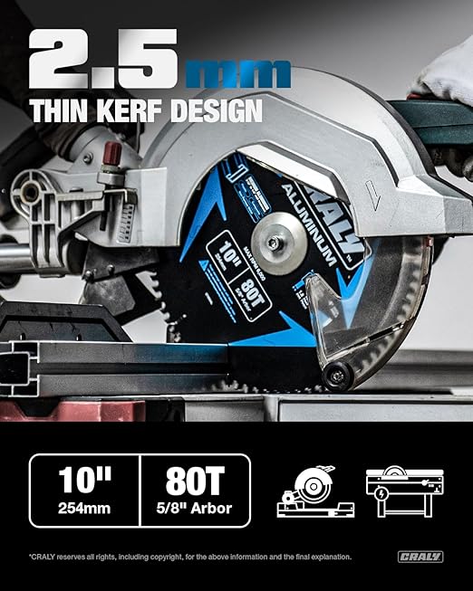 CRALY 10 Inch 80 Teeth Aluminum and Non-Ferrous Metal Cutting Circular Saw Blade, 5/8 Inch Arbor, Carbide Tipped, Thin Kerf, Black Ice Coating, for Medium Aluminum, Plastic, Composite(C1080AL)