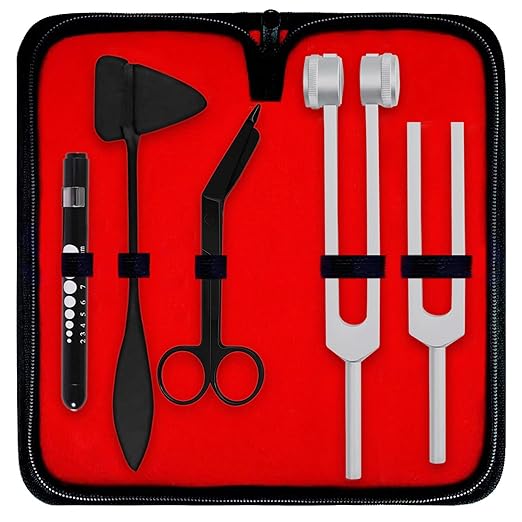 Diagnostics Kit - Percussion Taylor Reflex Hammer + C 128 & C 512 Tuning Forks + Bandage Scissors + Pupil Gauge Pen Light in Carrying Case - 6 Pieces Set - Black & Silver