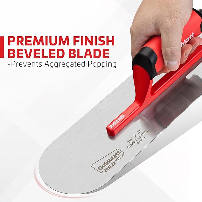 Goldblatt RED Stainless Steel Pool Trowel, 16"x 4" Professional Drywall Masonry Trowel with Soft Grip Handle, Lightweight Magnesium Shank, Round End, Plastering Trowel for Sheetrock Wallboard