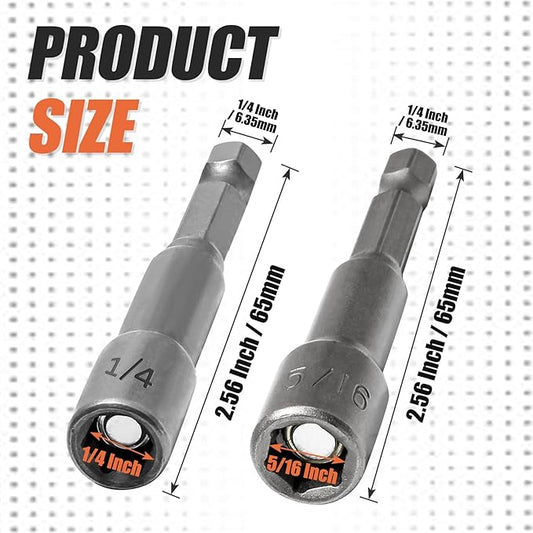 1/4 and 5/16 Inch Magnetic Nut Driver Bit Set, 12 Pcs Chrome Vanadium Steel Impact Drill Bits, Quick Change Socket Nut Driver Adapter with Hex Shank, 65mm Length