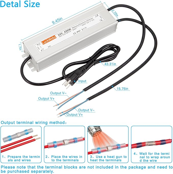 LED Driver 24V400W Waterproof Power Supply AC90-130V to DC24V16.7A Low Voltage IP67 Transformer for Outdoor LED Signage and Advertising Light Boxes and Any 24V DC LED