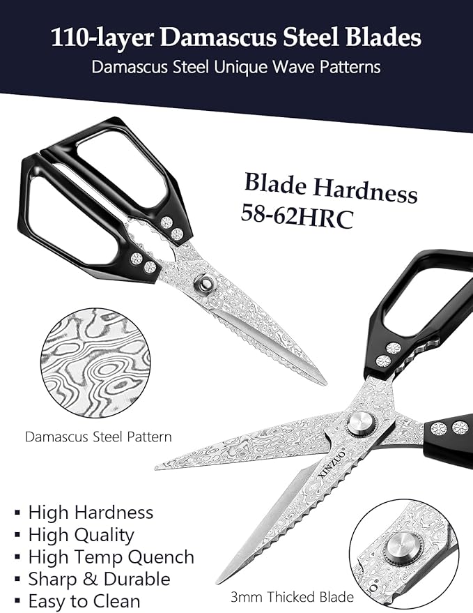 XINZUO Sharp Kitchen Scissors with Black Handle,110 Layers Damascus Steel Multipurpose Heavy Duty Kitchen Shears for Poultry/Vegetables/Fish/Nuts