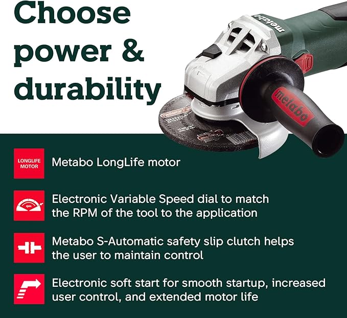 Metabo WEV15-125 HT Lock-On 13.5 Amp 2,800-9,600 rpm Angle Grinder with Electronics and High Torque, 4.5"/5"