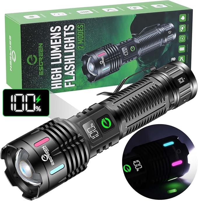 Esgreen Rechargeable Flashlights High Lumens 10000 Single 2 Modes, Super Bright LED Flashlight USB C Long Distance 3280ft, Powerful Long Lasting 10H Heavy Duty Strong Flash Light for Camping Hiking