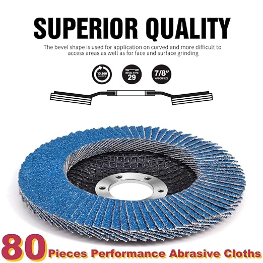 80 Grit Zirconia Flap Disc 4-1/2" x 7/8-Inch Abrasive Sanding Disc Bevel Type 29 Angle Grinder Edge Grinding Wheel for Stainless Steel and Metal (Pack of 10)