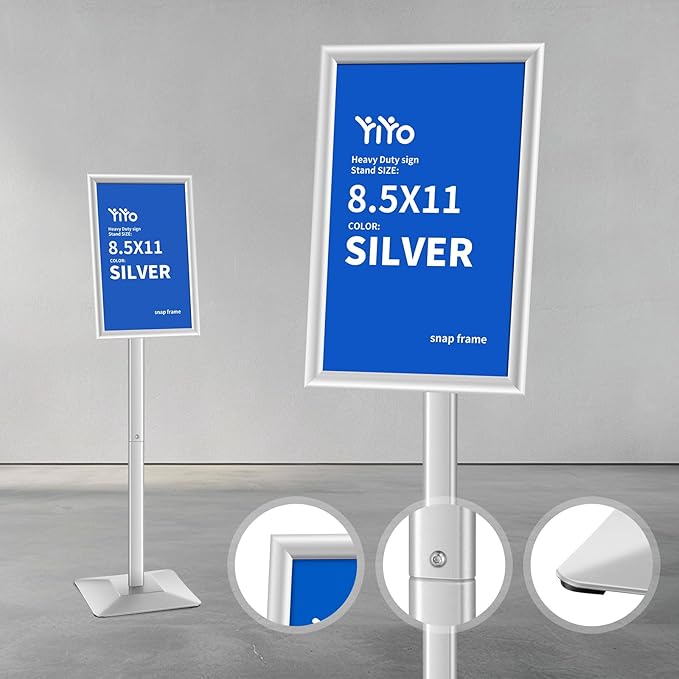 YIYO Sign Stand Poster Stand竊똞djustable heavy duty pedestal Sign Holder Floor Stand竊똞luminium frame floor standing for display 8.5*11 inch竊똕ilver (8.5*11 Silver)
