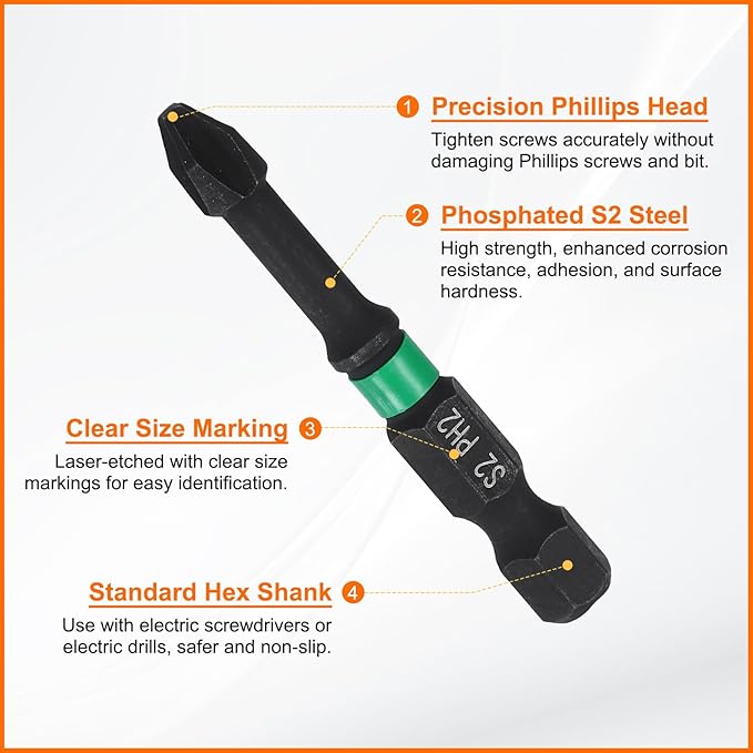 HARFINGTON 3pcs #2 Impact Phillips Screwdriver Bit PH2 1/4" Hex Shank 2" (50mm) Long 0.16" Rod Magnetic Cross Head Drill Bits S2 Steel Industrial Screw Driver for Impact Power Drivers