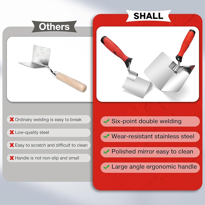 SHALL 2-Piece Drywall Corner Tool Set, 5'' Outside Corner Knife & 3-1/2'' Inside Corner Trowel, Stainless Steel External & Internal Sheetrock Hand Tool for Plastering and Edging, Home & Industrial Use
