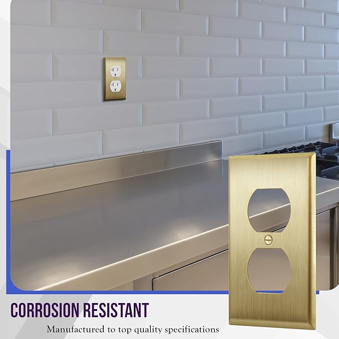ENERLITES Duplex Receptacle Metal Wall Plate, Outlet Cover, Corrosion Resistant, Size 1-Gang 4.50" x 2.76", Stainless Steel 201, 7721-BB, Brushed Brass, Gold, Standard