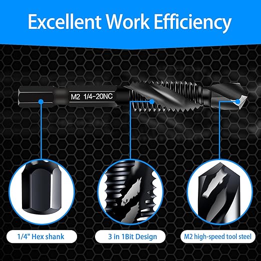 Upgraded 6-Pack Combination Drill & Taps Bit Set SAE - 6542 M2 HSS Steel with Anti-Rust Black Coating, 6-32NC 8-32NC 10-32NC 10-24NC 12-24NC 1/4-20NC Drill Tap Countersink Bits, 1/4??Hex Shank