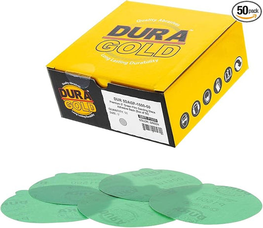 Dura-Gold Premium 5" Green Film PSA Sanding Discs - 1500 Grit (Box of 50) - Film Back Self Adhesive Stickyback Sandpaper Discs for DA Sander, Finishing Abrasive, Sand Automotive Paint Woodworking Wood