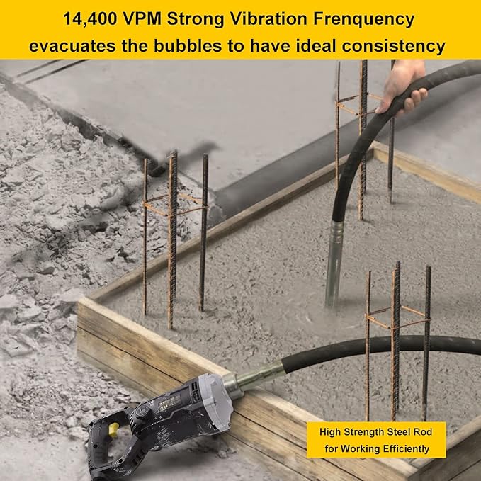 Handheld Concrete Vibrating Tool, 1500W Electric Concrete Vibrator with 6.6ft Shaft Rod, 14400VPM Portable Pencil Cement Vibrarator Remove Air Bubble and Mix Concrete, ROLAYSEE TOOLS