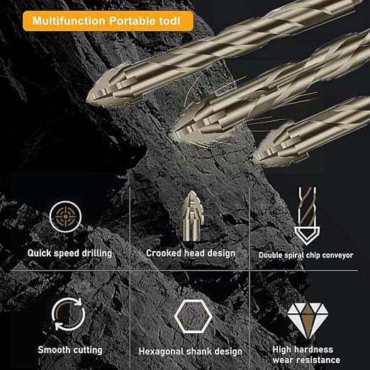 5 Piece Set of Four Flute Drill Bits High Hardness Eccentric Twist Drill Bits Set for Concrete Masonry Wood Stone Glass Ceramic Bricks Metal Plastic Sizes6/6/8/10/12