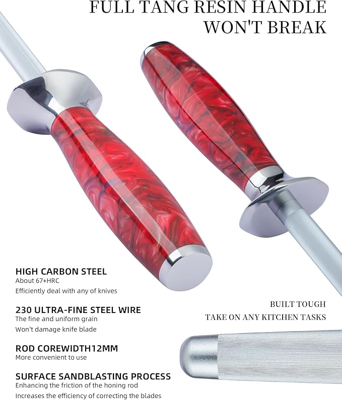 Honing Rod, Sharpening Steel for Kitchen Knives ??9" Honing Steel ??Resin Handle ??XUAN Series (Rose Red)
