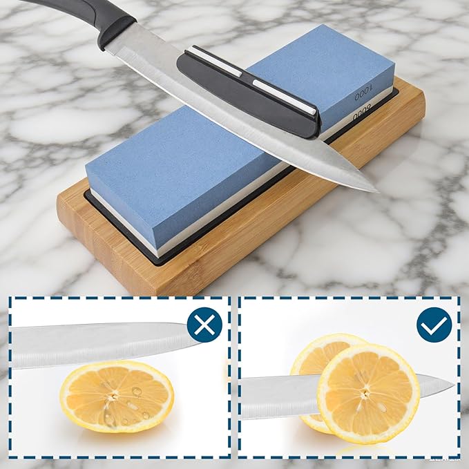 Gunpla Knife Sharpening Stone 1000/6000 Grit Whetstone with Non-Slip Rubber Bamboo Base and Angle Guide for Kitchen, Hunting and Pocket Knives
