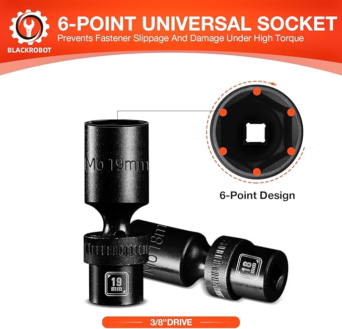 BLACKROBOT 3/8" Drive Deep Universal Impact Socket Set, 9-Piece Swivel Socket Set, Metric Flexible Wobble Sockets, 10-21mm, 6 Point, CR-MO, With Heavy Duty Storage Case