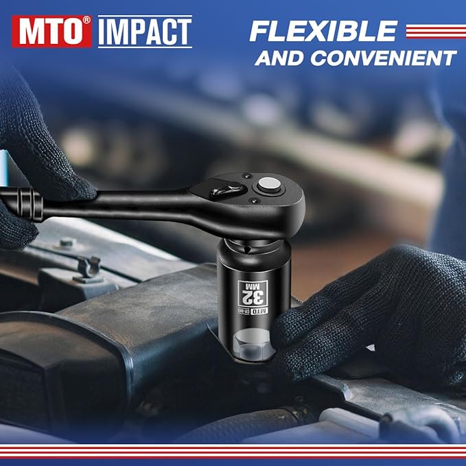 MTO 1/2" Drive 32mm Deep Impact Socket, 6 Pt. Metric Socket, CR-MO Steel & Anti-Corrosion Coating for Heavy-Duty Use