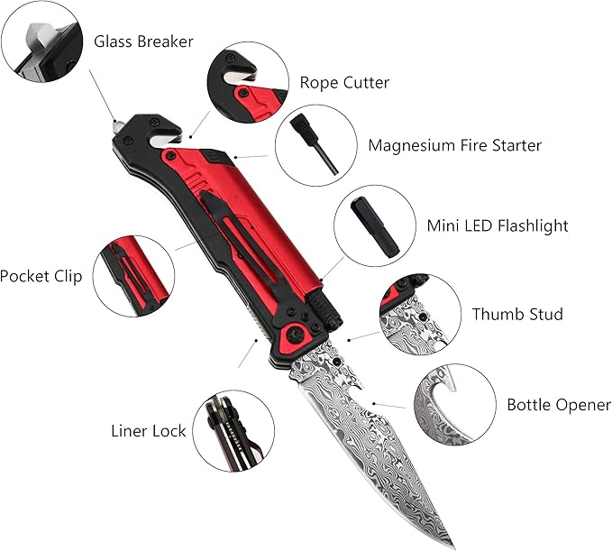 ALBATROSS 6-in-1 Modern Damascus Steel Folding Pocket Knives with LED Light,Seatbelt Cutter,Glass Breaker,Magnesium Fire Starter,Bottle Opener;Multi-Function Emergency Tool(Red-DA)