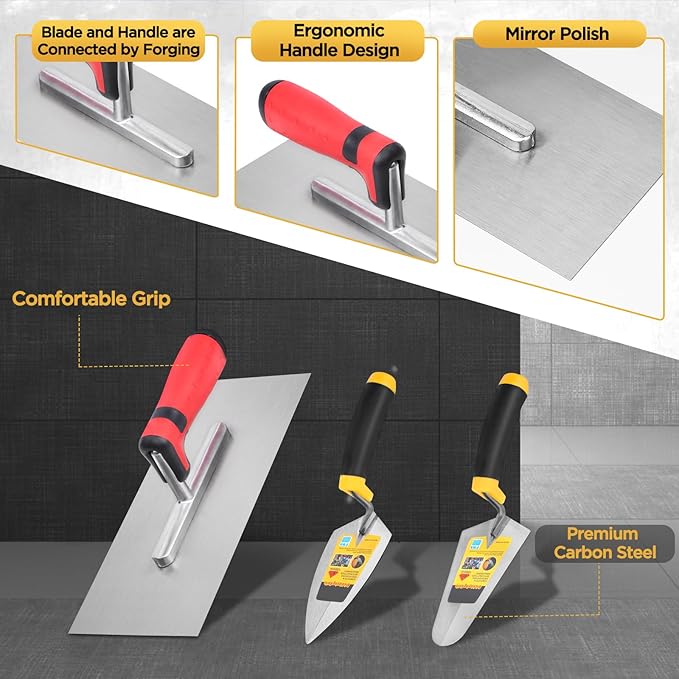 3 Pcs Masonry Tool Set, 6" Pointing Trowel & 11"x4" Carbon Steel Flat Finishing Trowel with Soft Grip Handles Concrete Drywall Tile and Plastering Tools for Contractors DIY