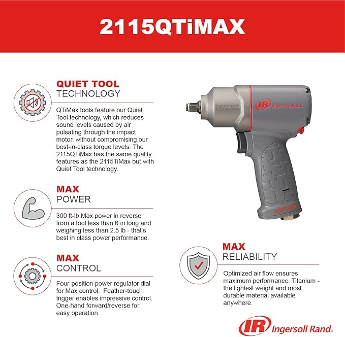 Ingersoll Rand 2115QTiMAX 3/8??Drive Air Impact Wrench, Quiet Tool, Lightweight 2.5 lb Design, Powerful Reverse Torque Output Up to 300 ft lbs, 7 Vane Motor, Max Control, Gray