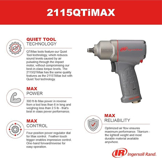 Ingersoll Rand 2115QTiMAX 3/8??Drive Air Impact Wrench, Quiet Tool, Lightweight 2.5 lb Design, Powerful Reverse Torque Output Up to 300 ft lbs, 7 Vane Motor, Max Control, Gray