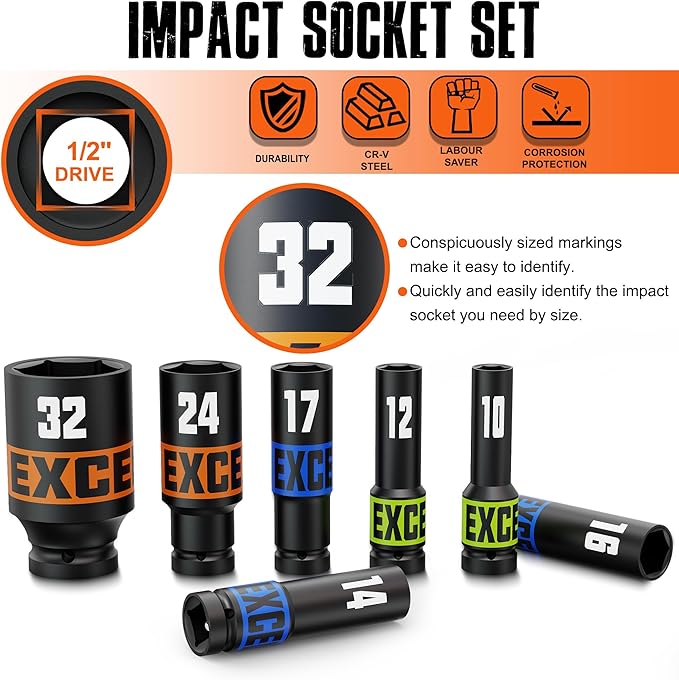 16 Piece 1/2-Inch Drive Impact Socket Set, 10-32mm Deep Sockets, 6 Point Metric Sockets for Automotive Repair, Equipment Maintenance