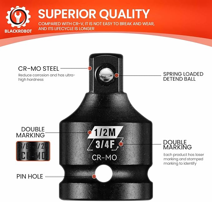 BLACKROBOT 3/4?쒯 To 1/2?쒶 Impact Socket Adapter, Cr-Mo Steel Exceeds ANSI Standards, Square Drive Reducer for Impact Driver Wrench